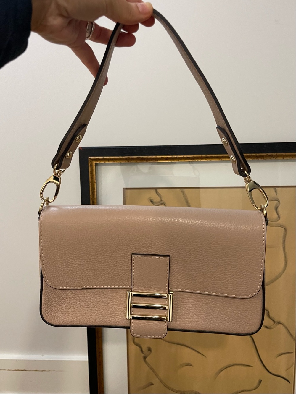 Soft Blush Pebbled Shoulder Bag with Gold Accent
